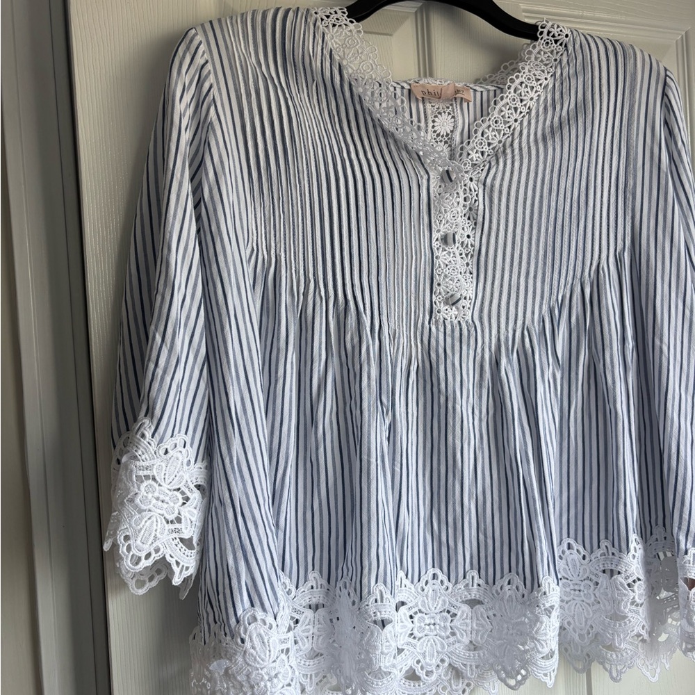 Philosophy Blue and White Striped Blouse with Lace - Picture 2 of 3